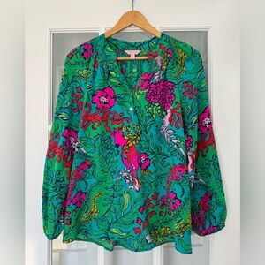 Lilly Pulitzer Elsa Silk Top Shake Your Tailfeather Pink Green Gold Size Small S